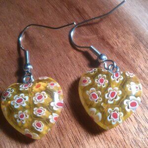 Yellow Color Murano Glass Stainless Steel Heart Shaped Dangle Earrings